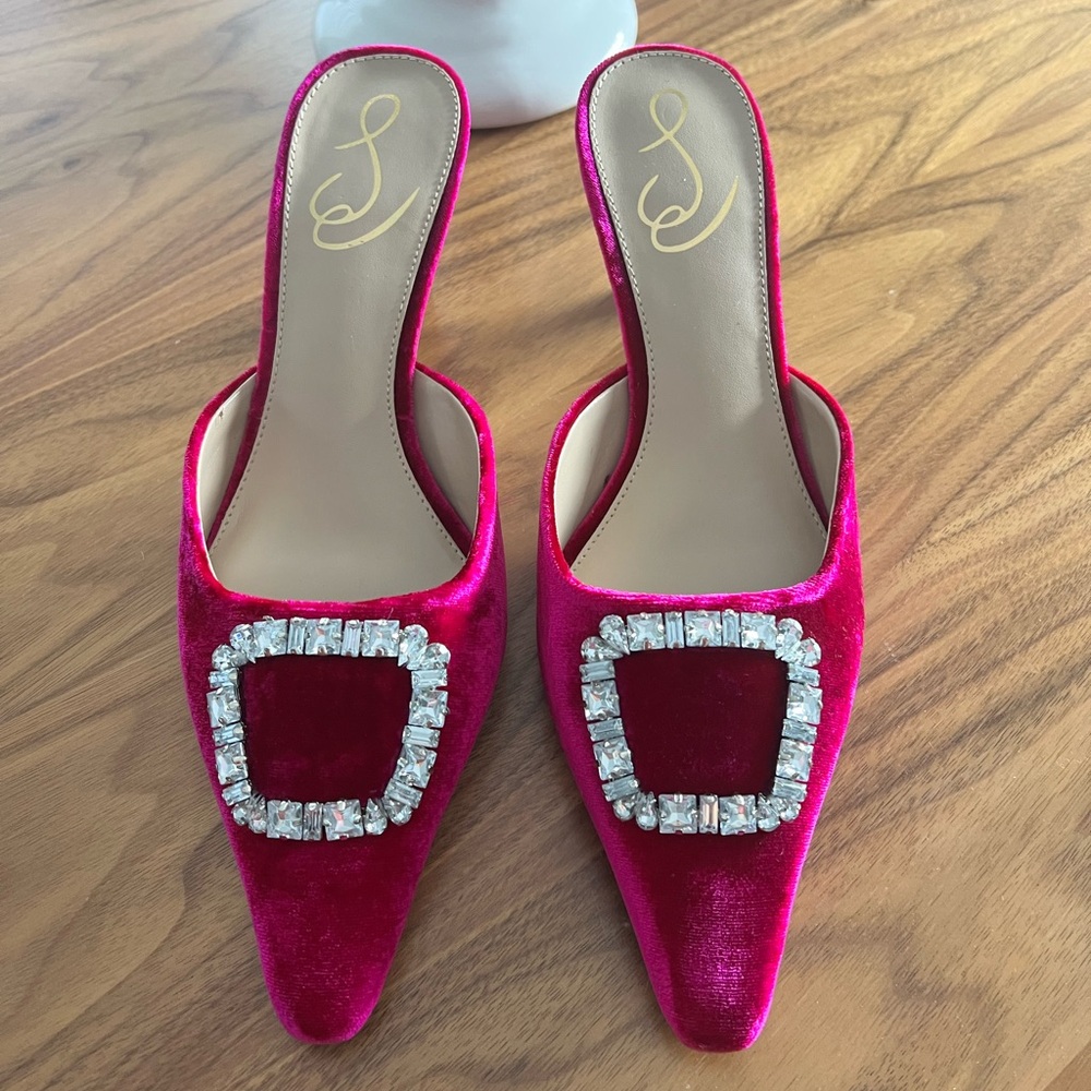 Sam Edelman Fuchsia Velvet Mules with Crystal Embellishment